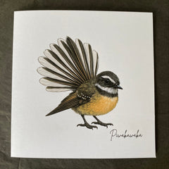 Fantail Pīwakawaka greeting card — illustrated NZ native bird, 300gsm cardstock with envelope, designed & printed in New Zealand by Wix & Bloom