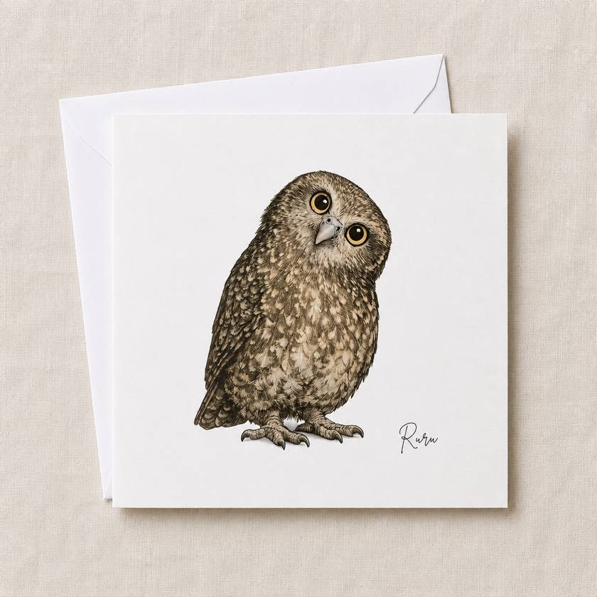 Morepork Rūru greeting card — illustrated NZ native owl, 300gsm cardstock with envelope, designed & printed in New Zealand by Wix & Bloom