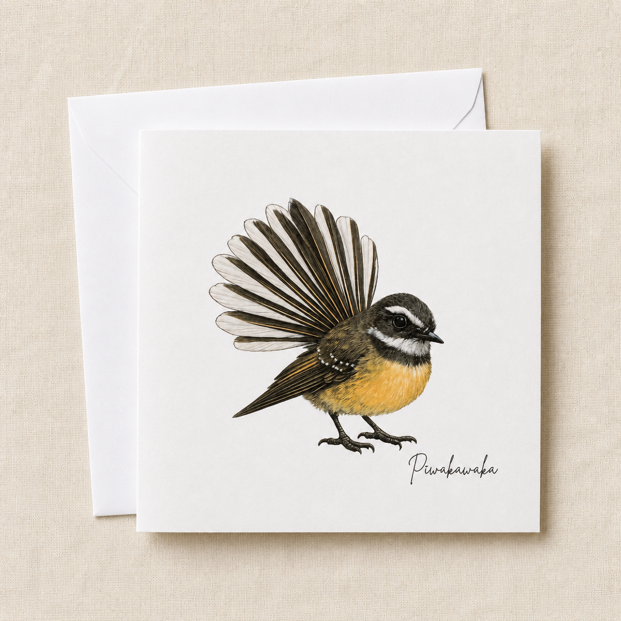 Fantail Pīwakawaka greeting card — illustrated NZ native bird, 300gsm cardstock with envelope, designed & printed in New Zealand by Wix & Bloom