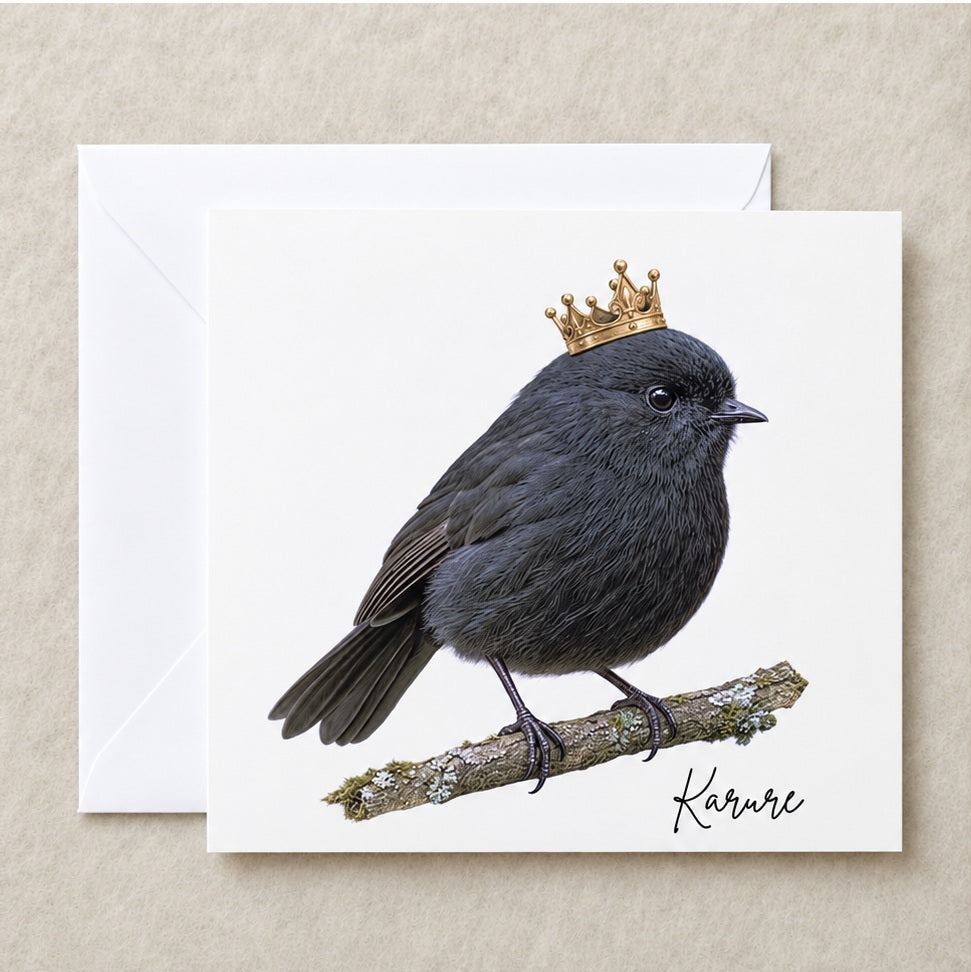 “Karure black robin greeting card featuring a dark charcoal bird wearing a golden crown.  Bird of the Year 2026